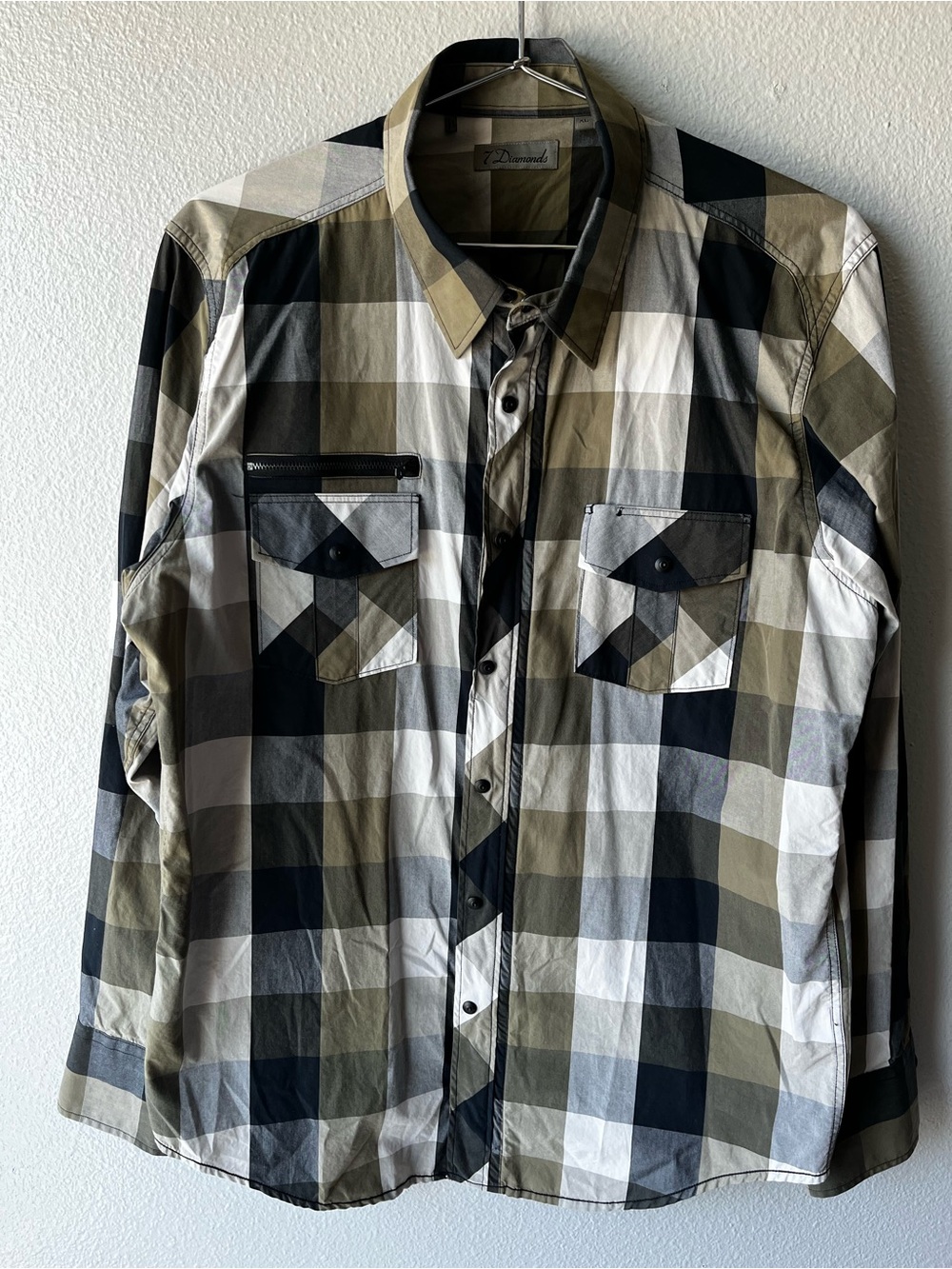 Plaid Button-Front Men's Shirt Jacket - Olive/Black/White